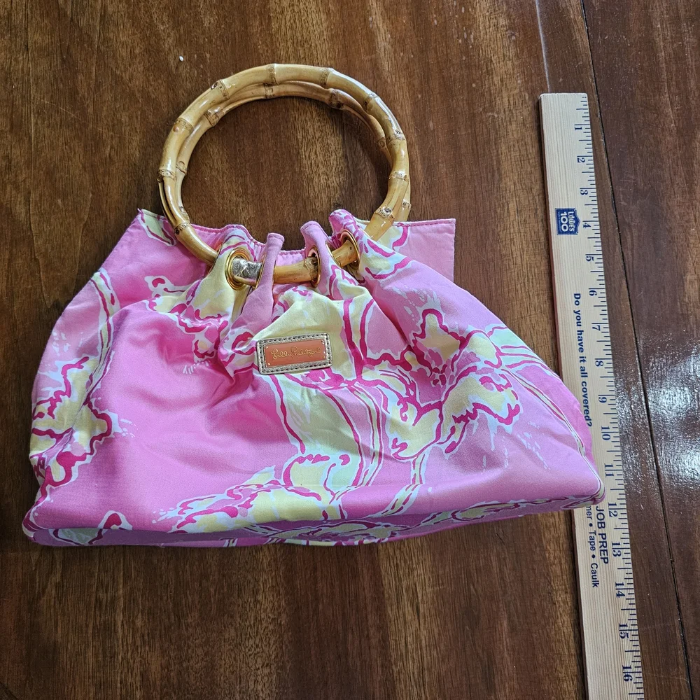 Lilly Pulitzer Pink and Yellow Tote with Bamboo Handles - Picture 4 of 9